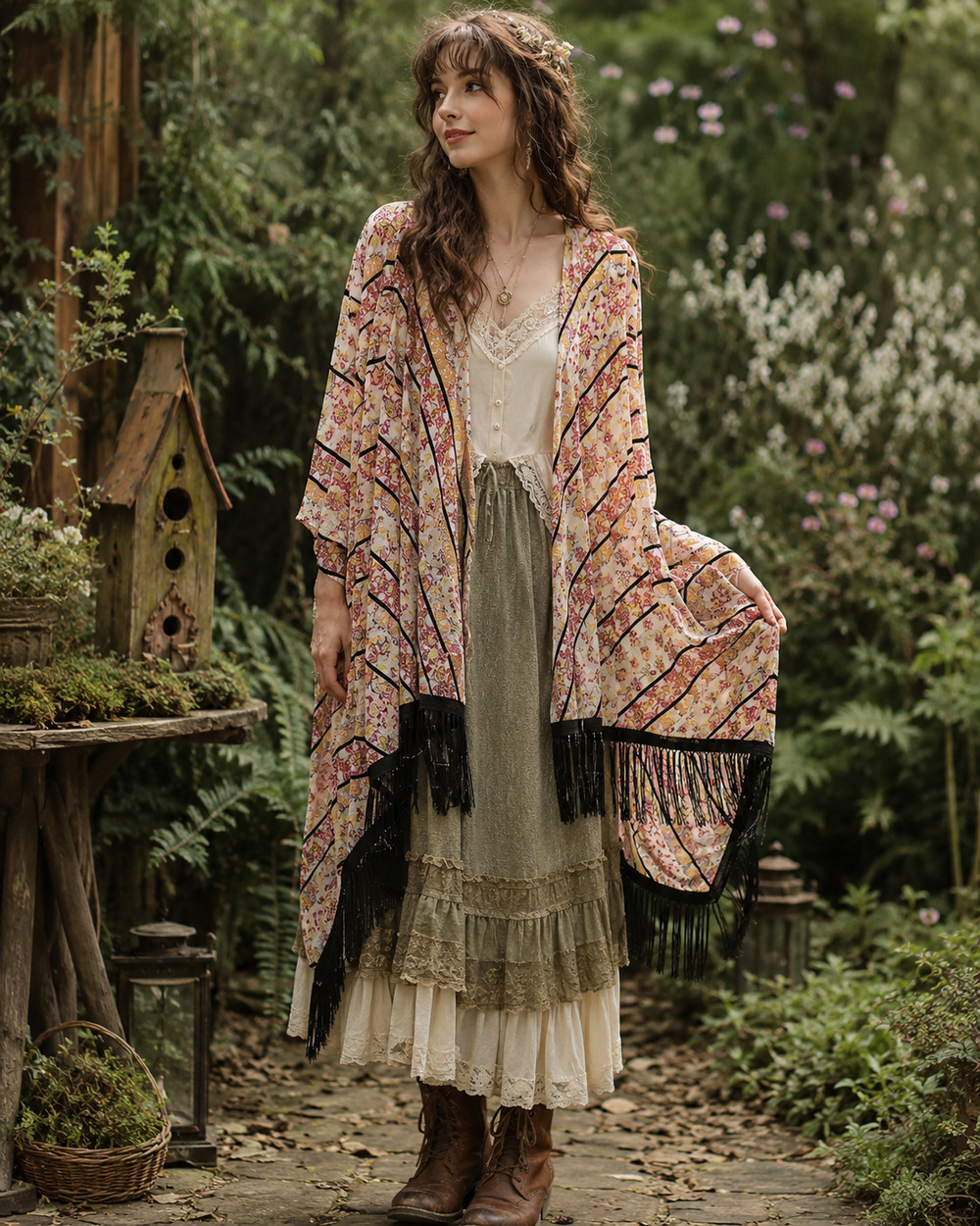 Festival Kimono Duster L Boho Fairycore Fringe Open Front Floral Paisley Gypsy